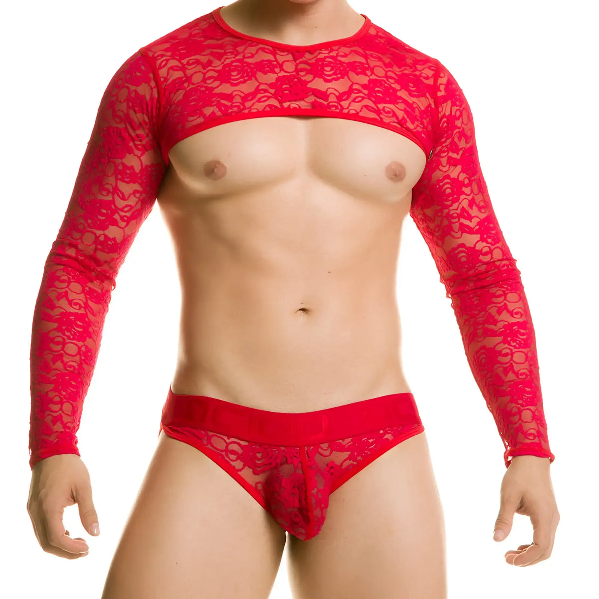 Gigo redemotion red harness featuring a red lace long-sleeved top with floral pattern and matching red lace briefs