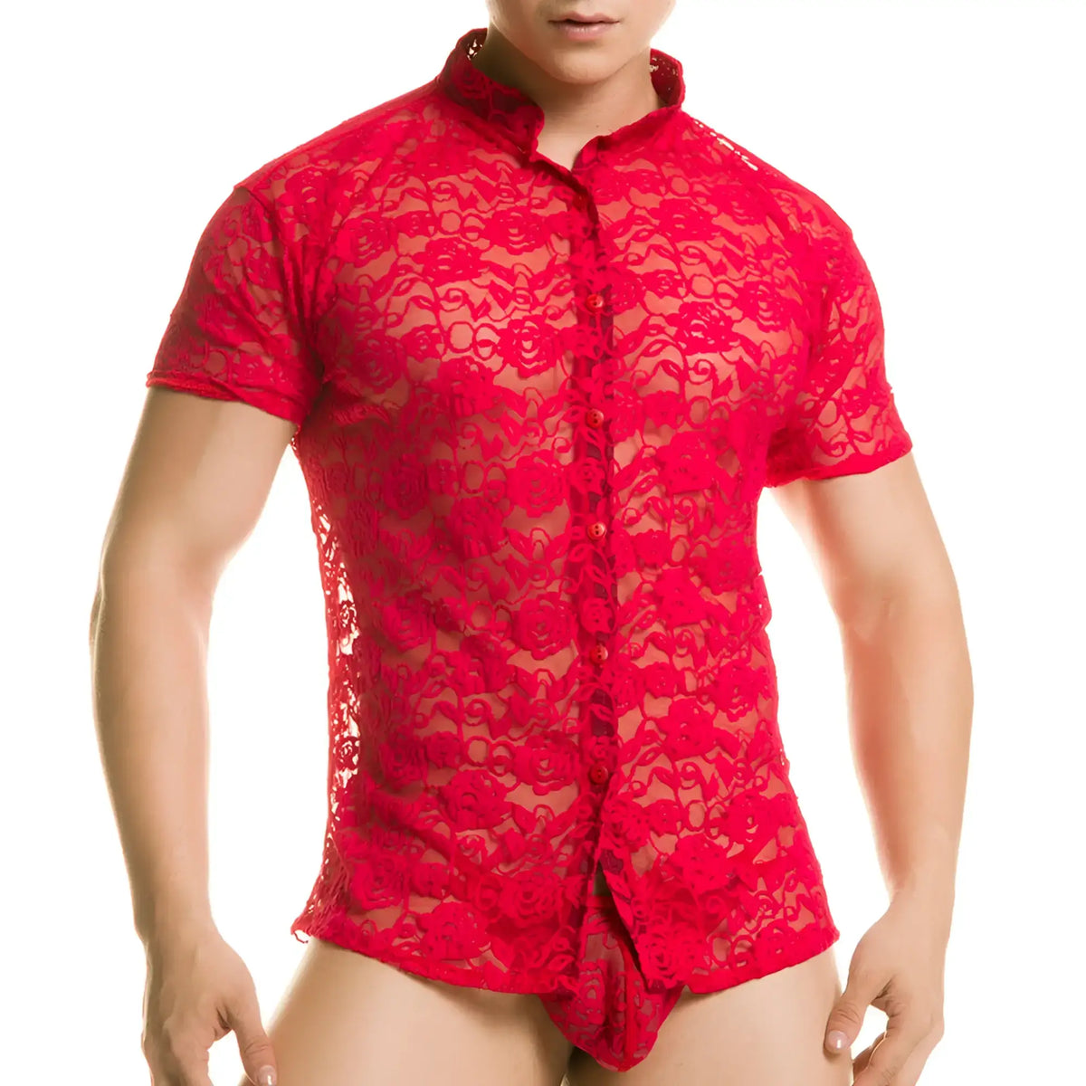 Gigo Redemotion red lace short-sleeved shirt with mandarin collar and button-front design