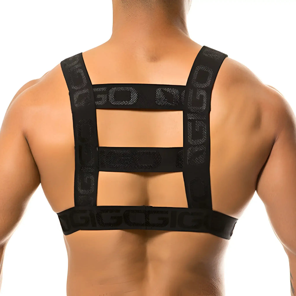 Black elastic strap harness gigo resistless featuring repeating gigo logo print in lighter shade across surface