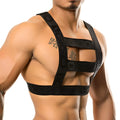 Black elastic strap harness with repeating dggo logo pattern from gigo resistless collection