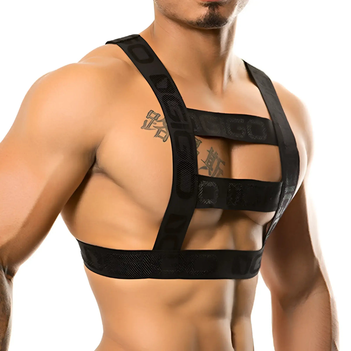 Black elastic strap harness with repeating dggo logo pattern from gigo resistless collection
