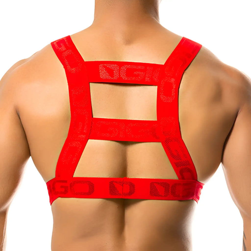 Red elastic gigo resistless harness with dg logo printed across the straps for secure fit and comfort