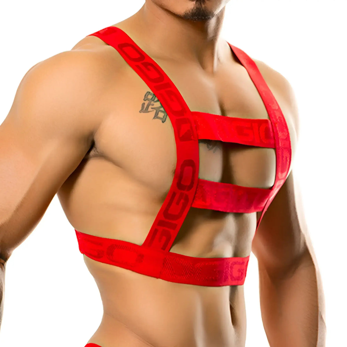 Red elastic strap harness with bold sigg branding across chest and shoulders designed for durable resistance use