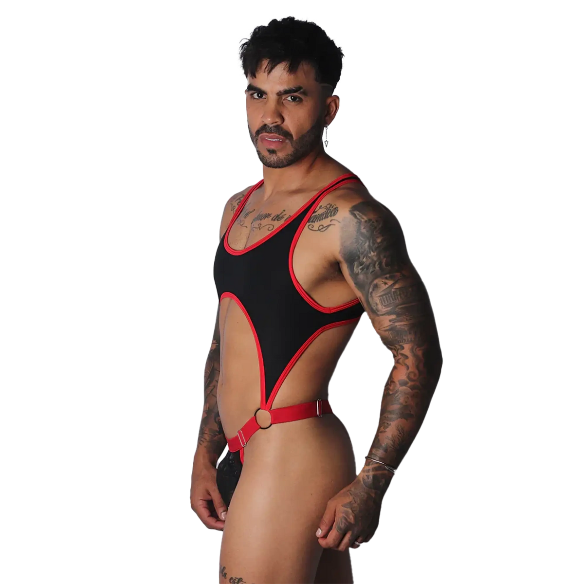 Black athletic-style bodysuit with red trim, high-cut legs, O-ring accents, and adjustable red strap detailing.
