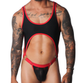 Black and red scoop-neck bodysuit with a chest cutout, O-ring connectors, and a sheer lace pouch.