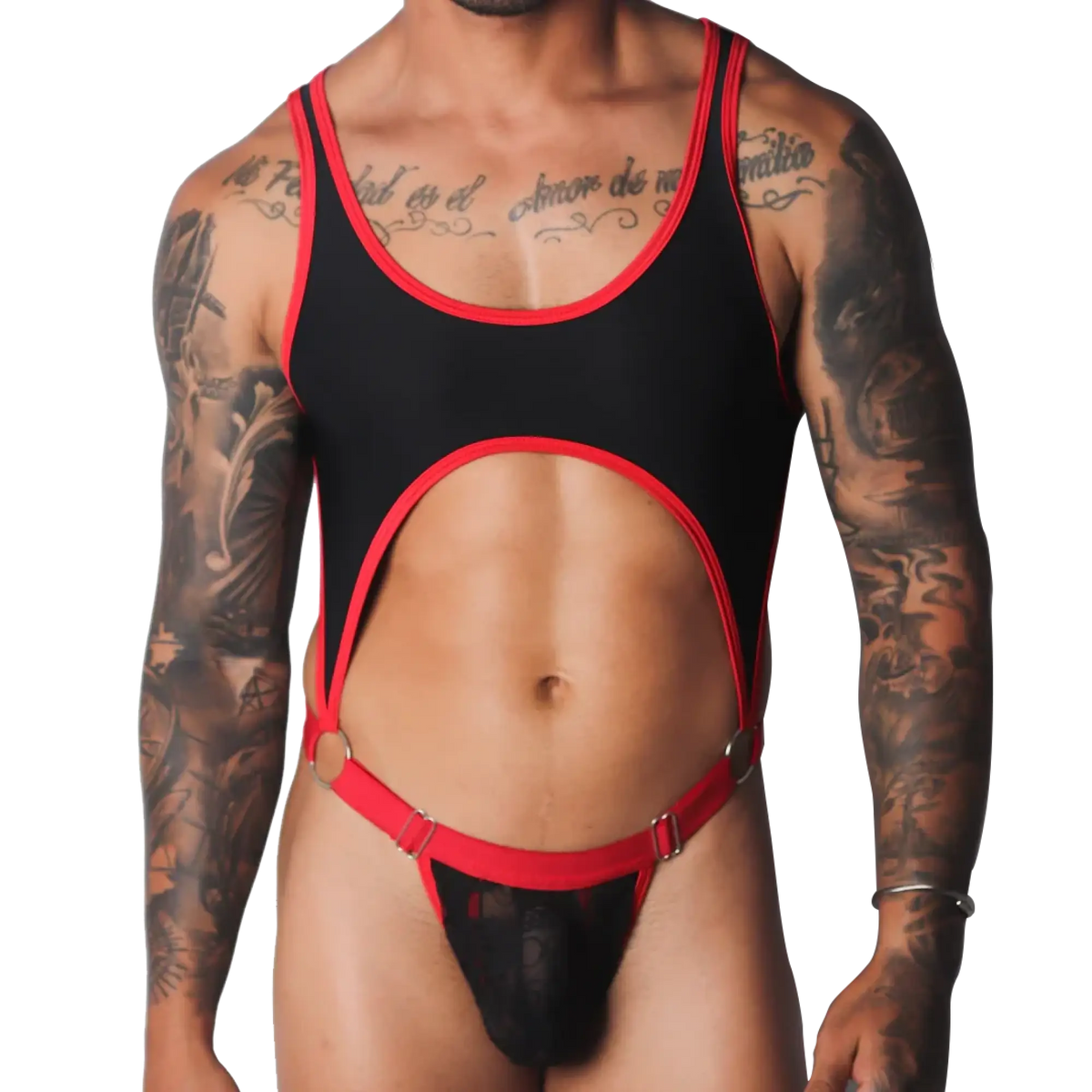Black and red scoop-neck bodysuit with a chest cutout, O-ring connectors, and a sheer lace pouch.