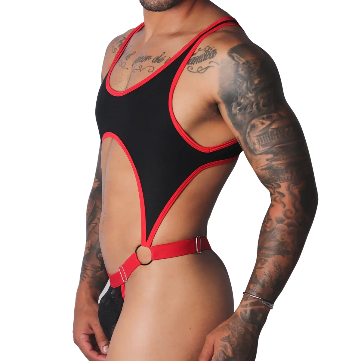 Black sleeveless bodysuit with red trim, high-cut sides, a chest cutout, and a red metal-ring waist strap.
