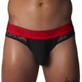 Black jockstrap with lace side panels and a contrasting red elastic waistband featuring the Gigo logo.