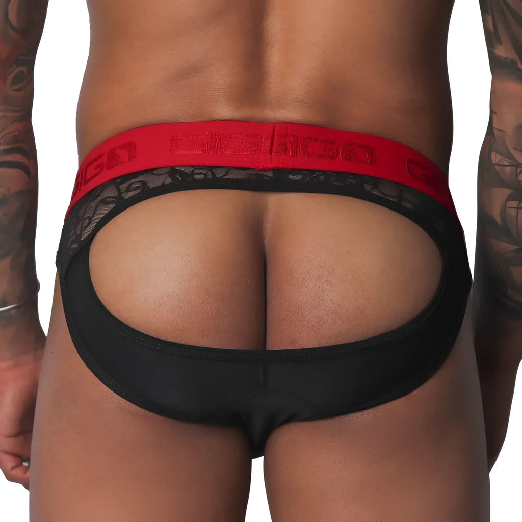 Black jockstrap with an open back, lace trim, and a thick red elastic waistband featuring the Gigo logo.