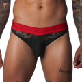 Black lace brief with a red elastic waistband featuring the Gigo logo in a repeat pattern.