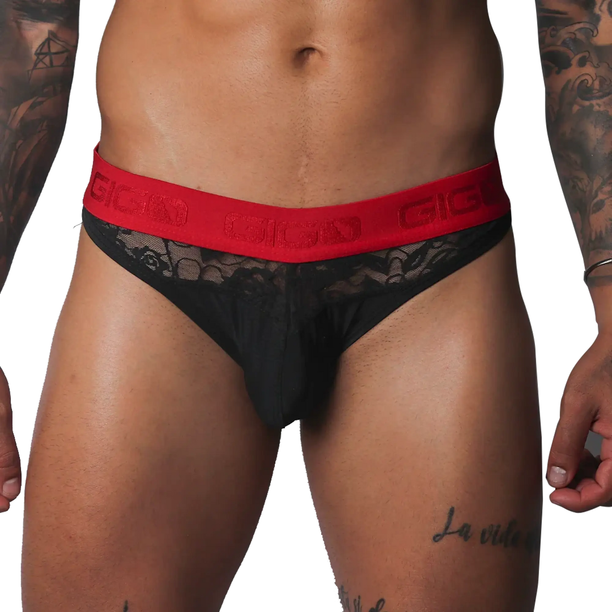 Black lace brief with a red elastic waistband featuring the Gigo logo in a repeat pattern.