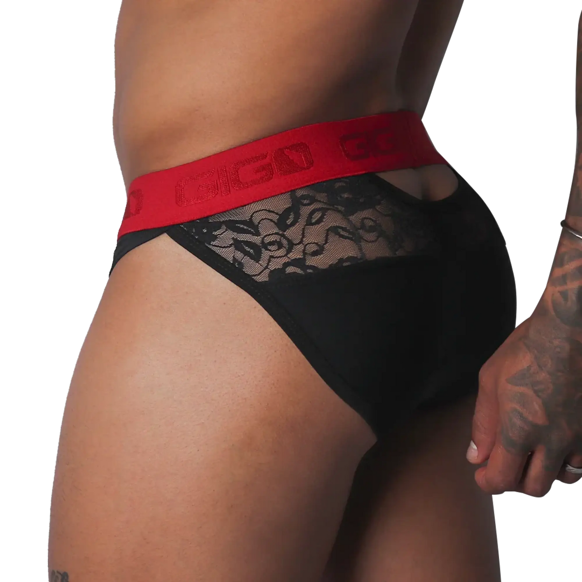 Black brief with floral lace paneling and a contrasting red elastic waistband featuring the Gigo logo.
