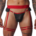 Red and black lace garter belt with metallic rings, elastic straps, and a branded logo waistband.