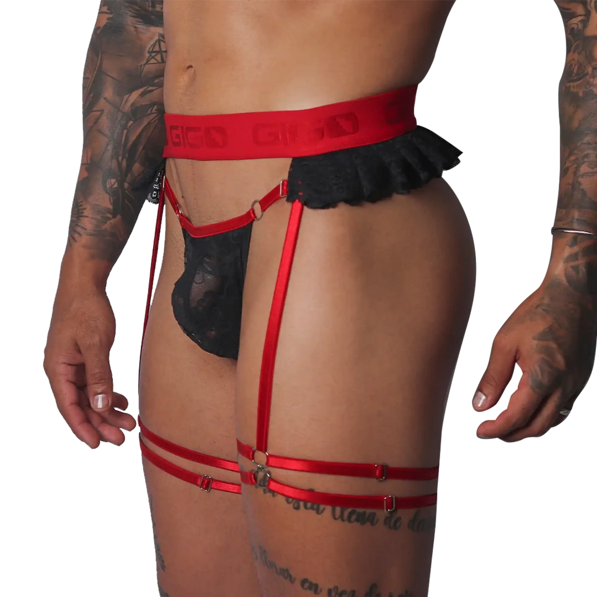 Black lace thong and red elastic garter belt with "GIGO" logo waistband and adjustable leg straps.
