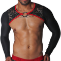 Black long-sleeve harness with floral lace chest panels, red trim, and a central metal O-ring.