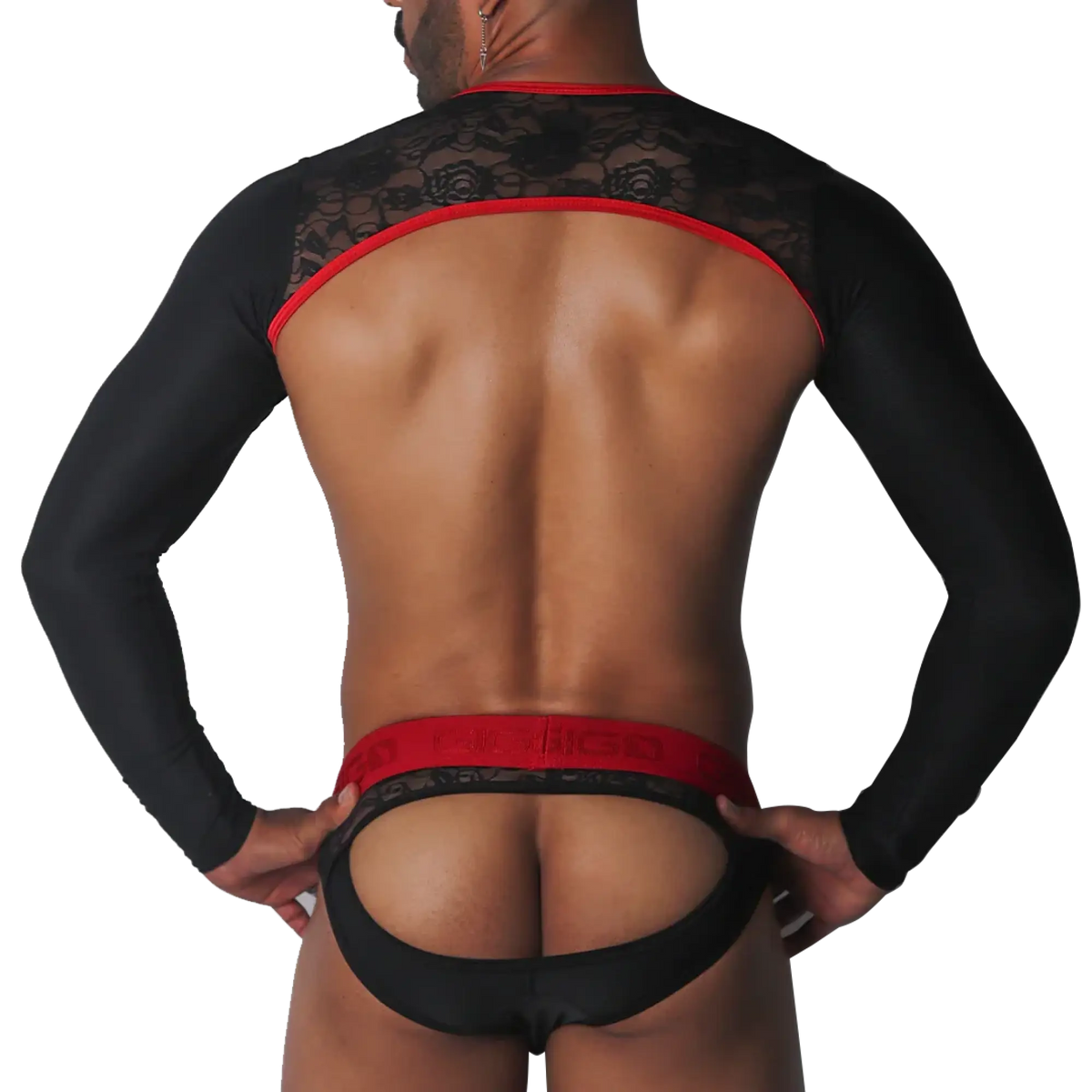 Black lace long-sleeve harness with red trim and matching red-accented, open-back jockstrap.