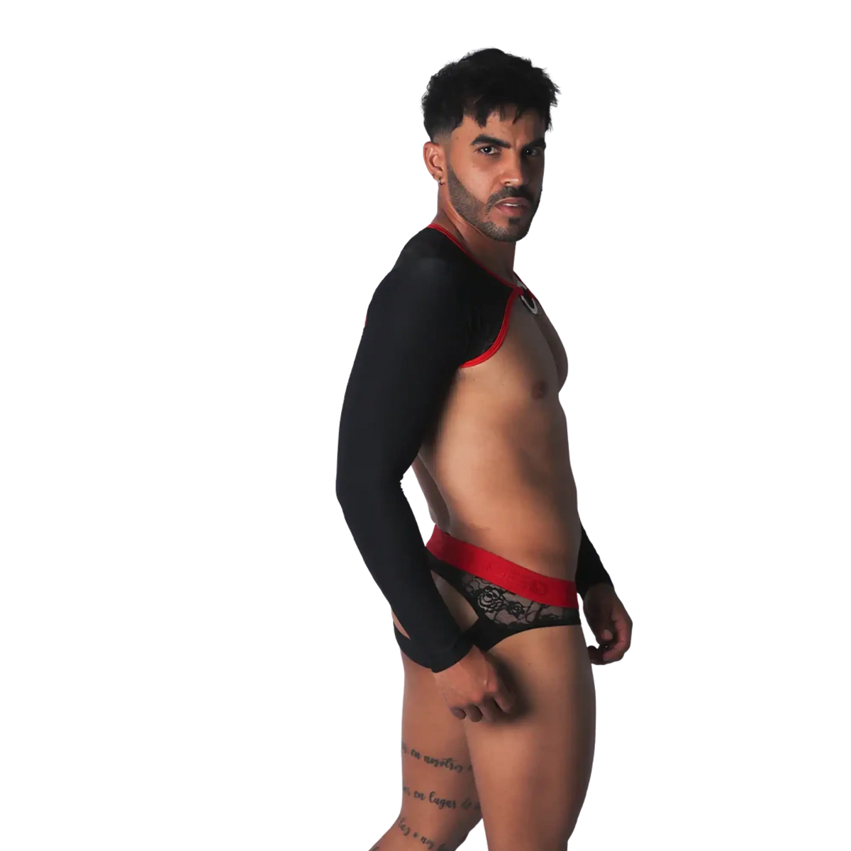 Black long-sleeved harness with red trim and O-ring, paired with matching red-waistband black lace briefs.