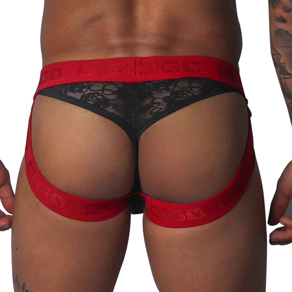 Black lace jockstrap with red elastic logo waistband and leg straps.