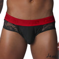 Black jock thong with floral lace side panels and a wide red elastic waistband featuring the Gigo logo.