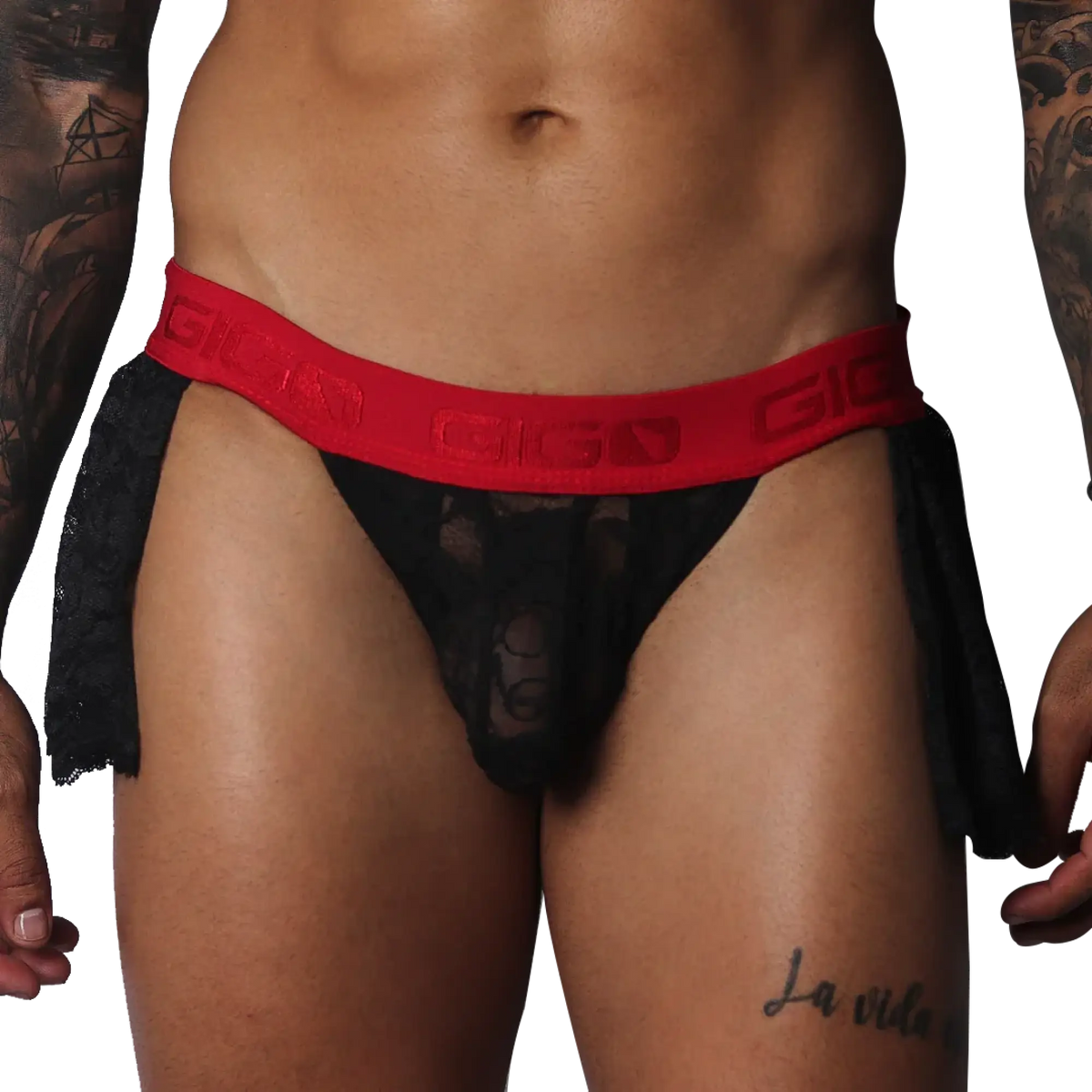 Black lace Gigo mini skirt with a red branded elastic waistband and sheer floral pattern detail.