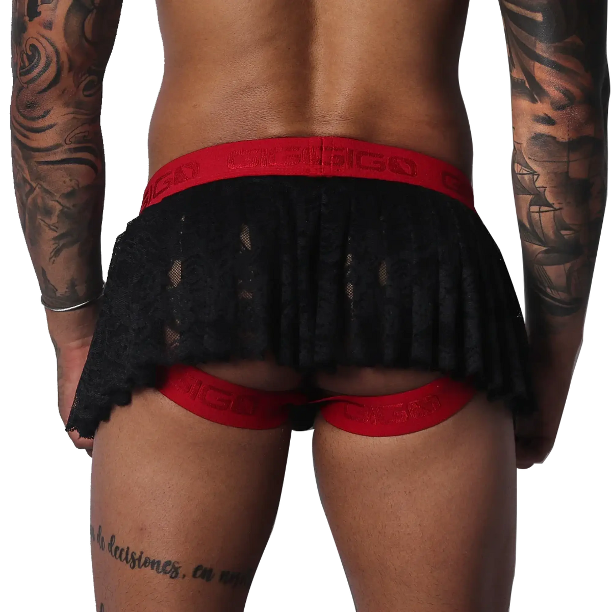 Black lace pleated mini skirt with a red branded elastic waistband and integrated red leg-strap garter design.
