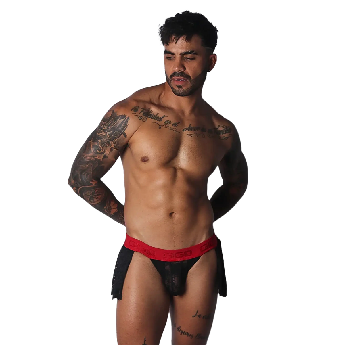Black lace skirt with a bold red, branded elastic waistband worn by a muscular man.