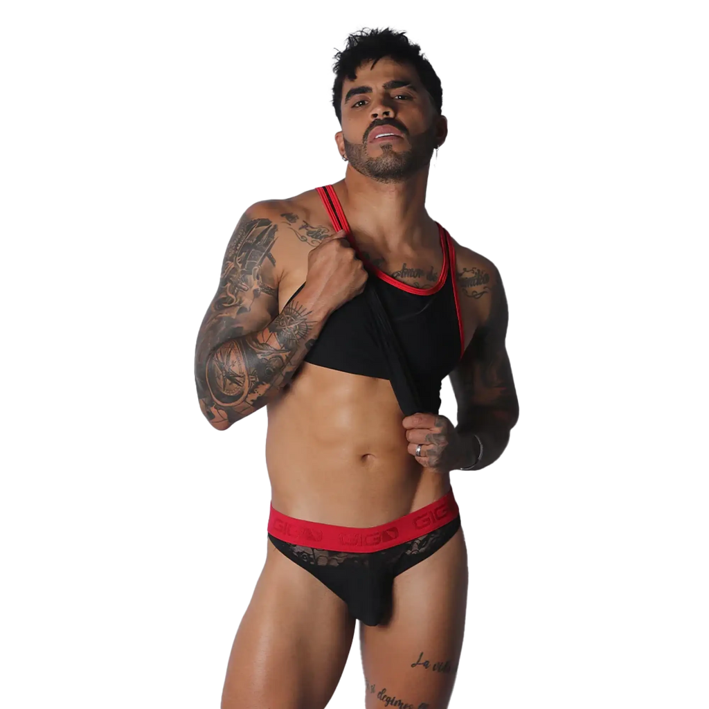 Black tank top featuring vibrant red trim on the scoop neckline and racerback straps.