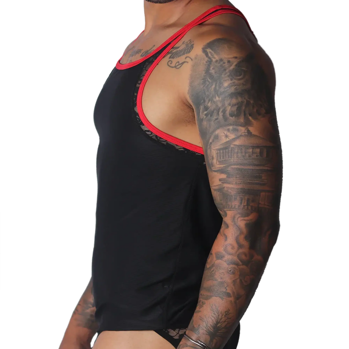 Black tank top with red trim, featuring intricate black lace side panels and racerback-style straps.