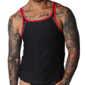 Black tank top with red trim, lace shoulder panels, and a subtle ribbed texture.