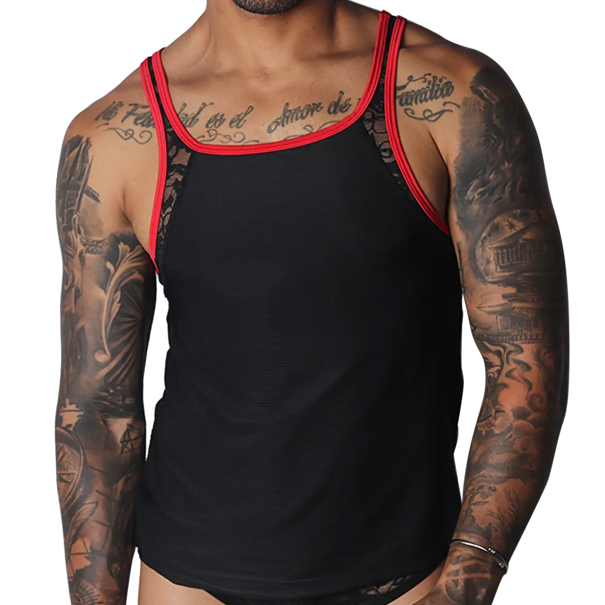 Black tank top with red trim, lace shoulder panels, and a subtle ribbed texture.