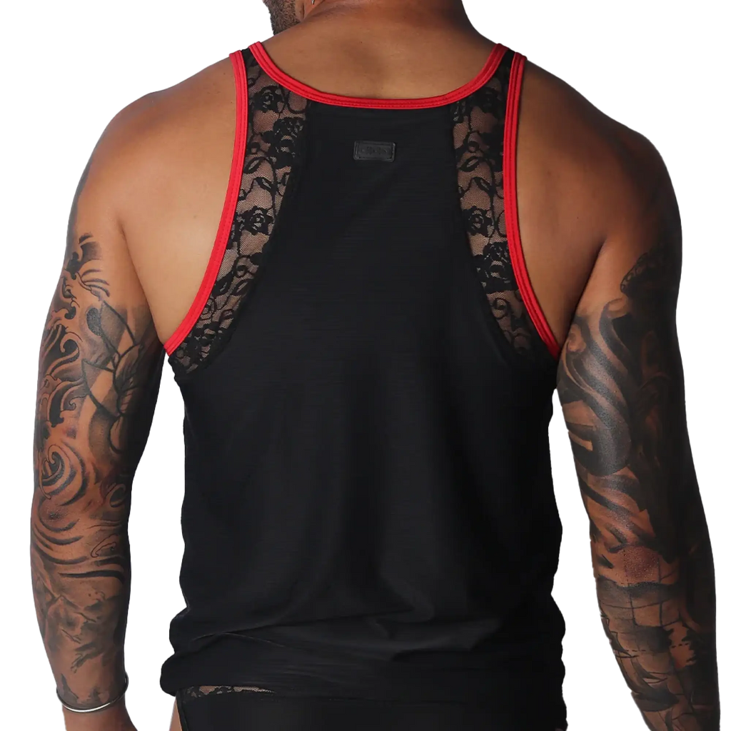 Black tank top with red trim, featuring sheer floral lace side panels and a center fabric panel.