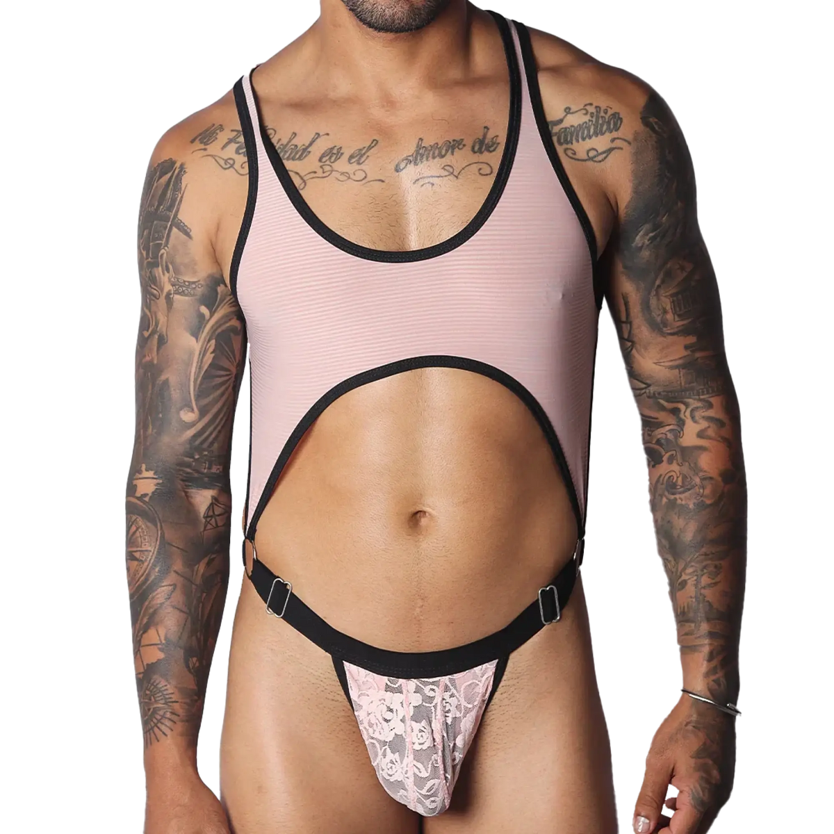 Romantic pink ribbed mesh bodysuit with black trim, a large midriff cutout, and a pink floral lace thong pouch.
