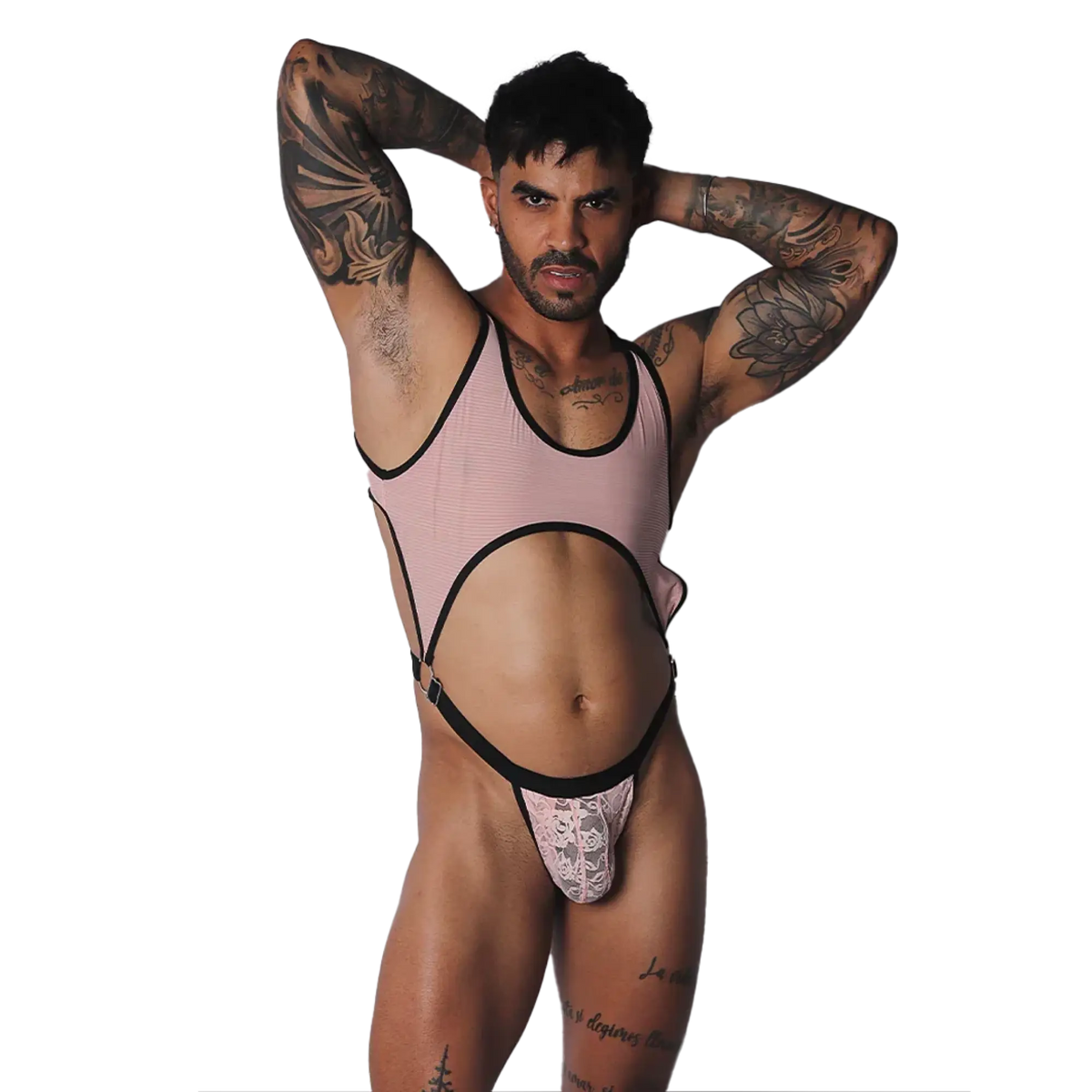 Pink ribbed bodysuit with black trim, large midriff cutout, O-ring connectors, and a lace pouch detail.