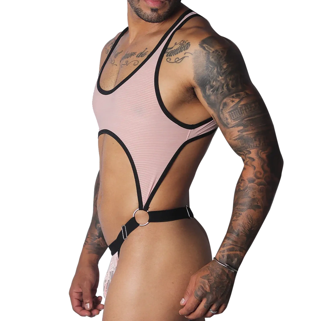 Romantic pink ribbed bodysuit with black trim, racerback style, and a ring-accented cutout waist.