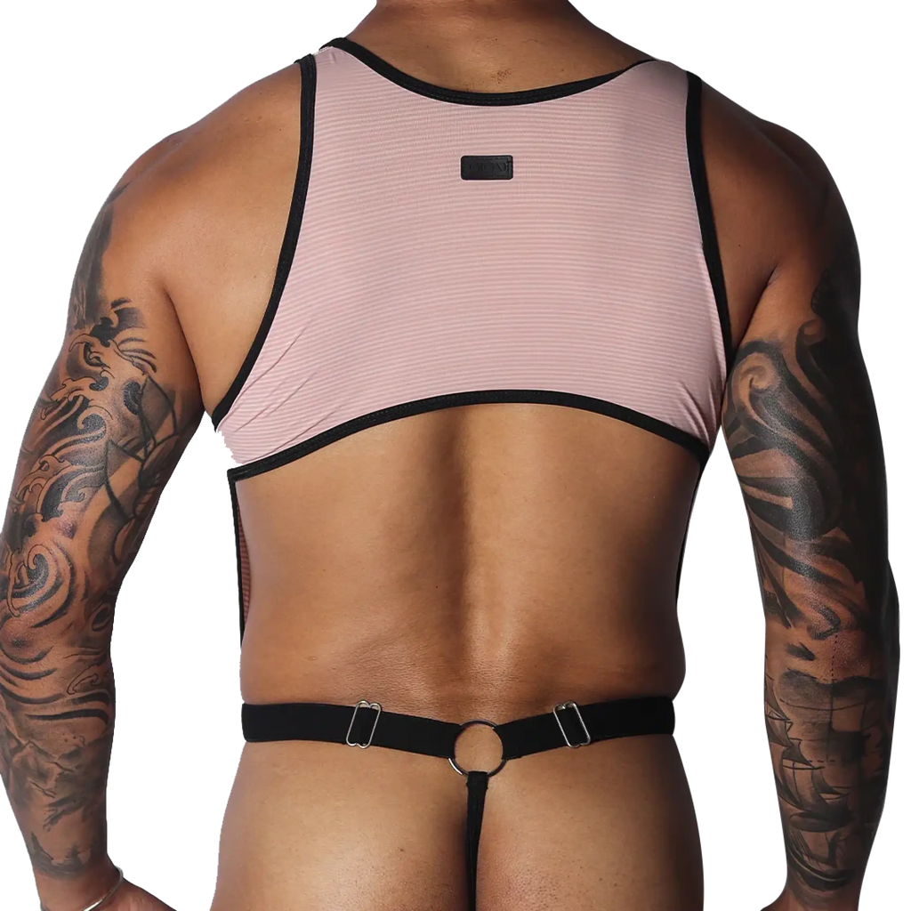 Romantic pink ribbed knit crop top with black trim, connected by thin straps to a black O-ring thong back.