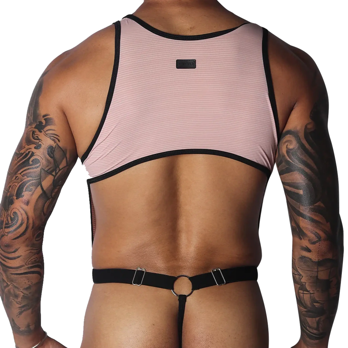 Romantic pink ribbed knit crop top with black trim, connected by thin straps to a black O-ring thong back.