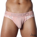 Romantic pink jockstrap with floral lace side panels, striped mesh front pouch, and branded Gigo elastic waistband.