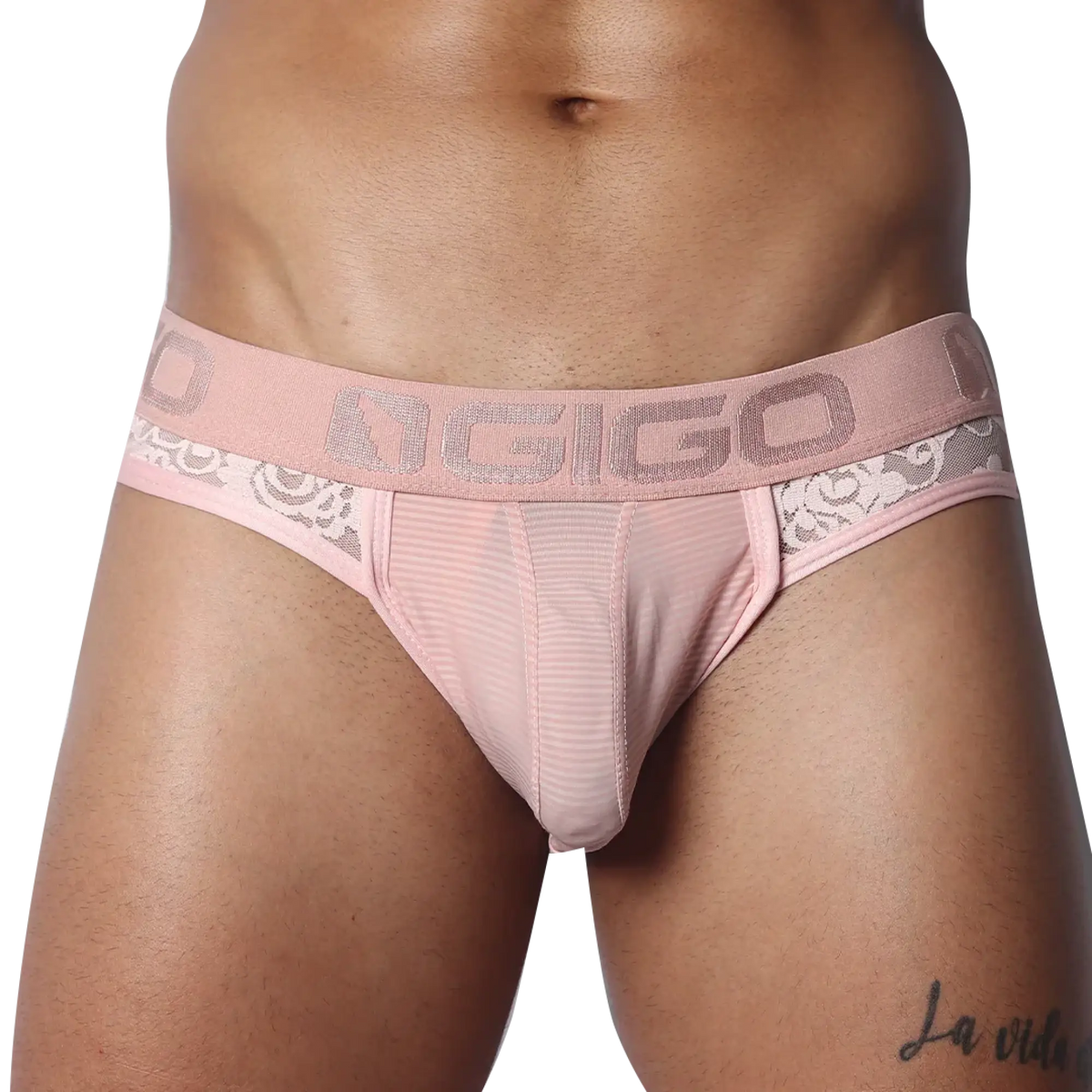 Romantic pink jockstrap with floral lace side panels, striped mesh front pouch, and branded Gigo elastic waistband.