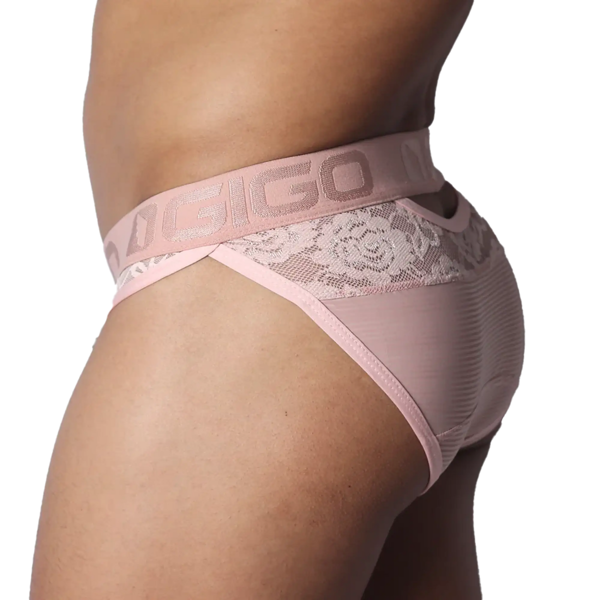 Romantic pink brief featuring a branded elastic waistband, floral lace accents, and sheer, ribbed fabric.