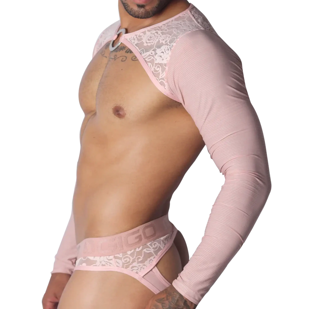 Romantic pink long-sleeve harness with lace shoulder detailing, center metal ring, and matching lace-trimmed brief.