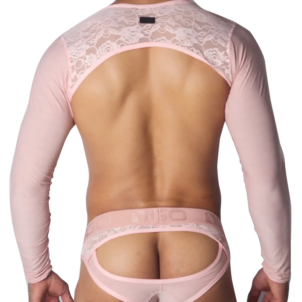 Pastel pink mesh harness with long sleeves, lace shoulder yoke, and open-back jockstrap featuring a branded waistband.