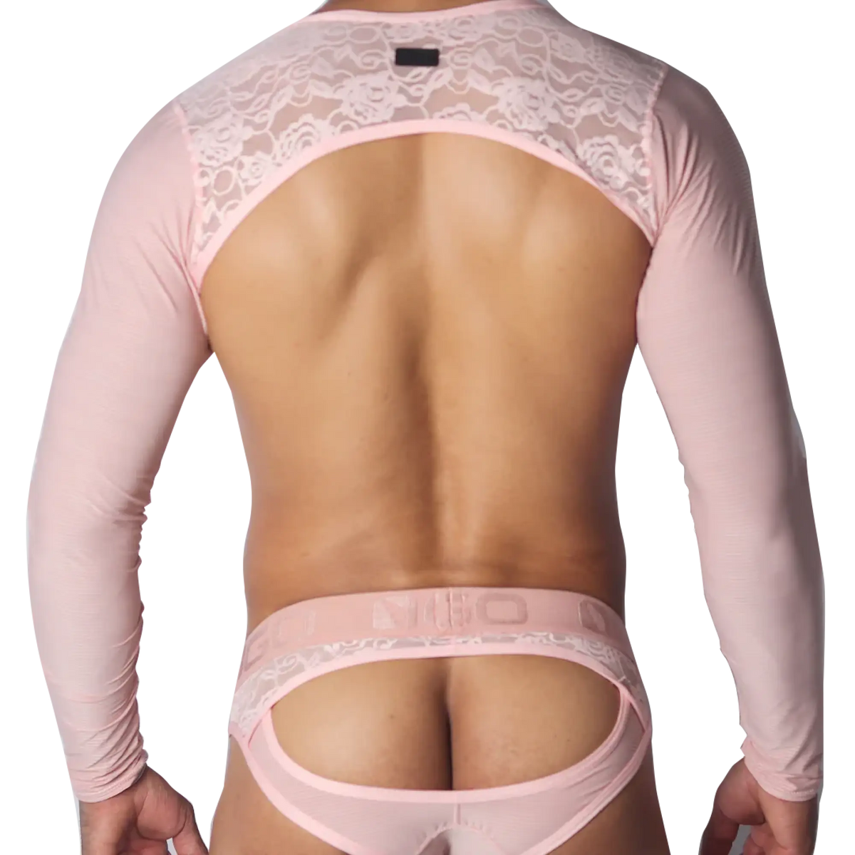 Pastel pink mesh harness with long sleeves, lace shoulder yoke, and open-back jockstrap featuring a branded waistband.