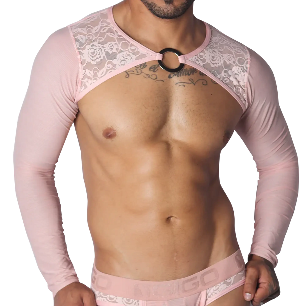 Pink long-sleeve crop harness featuring floral lace shoulder panels and a central metal O-ring chest connector.