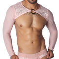 Pink long-sleeve crop harness featuring floral lace shoulder panels and a central metal O-ring chest connector.