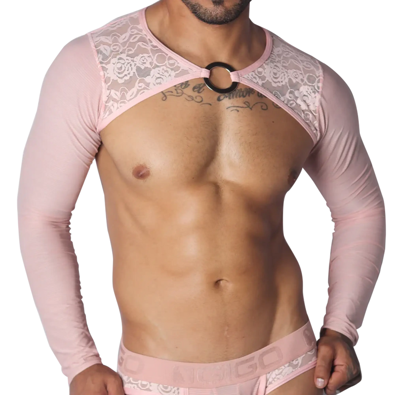 Pink long-sleeve crop harness featuring floral lace shoulder panels and a central metal O-ring chest connector.