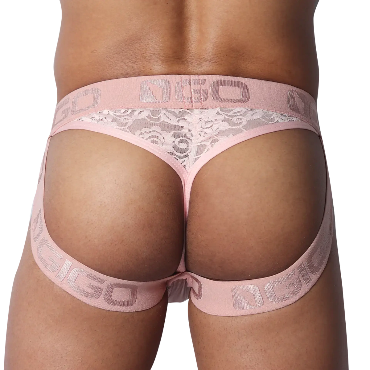 Romantic pink jock-thong featuring floral lace back panel and elastic logo waistband.