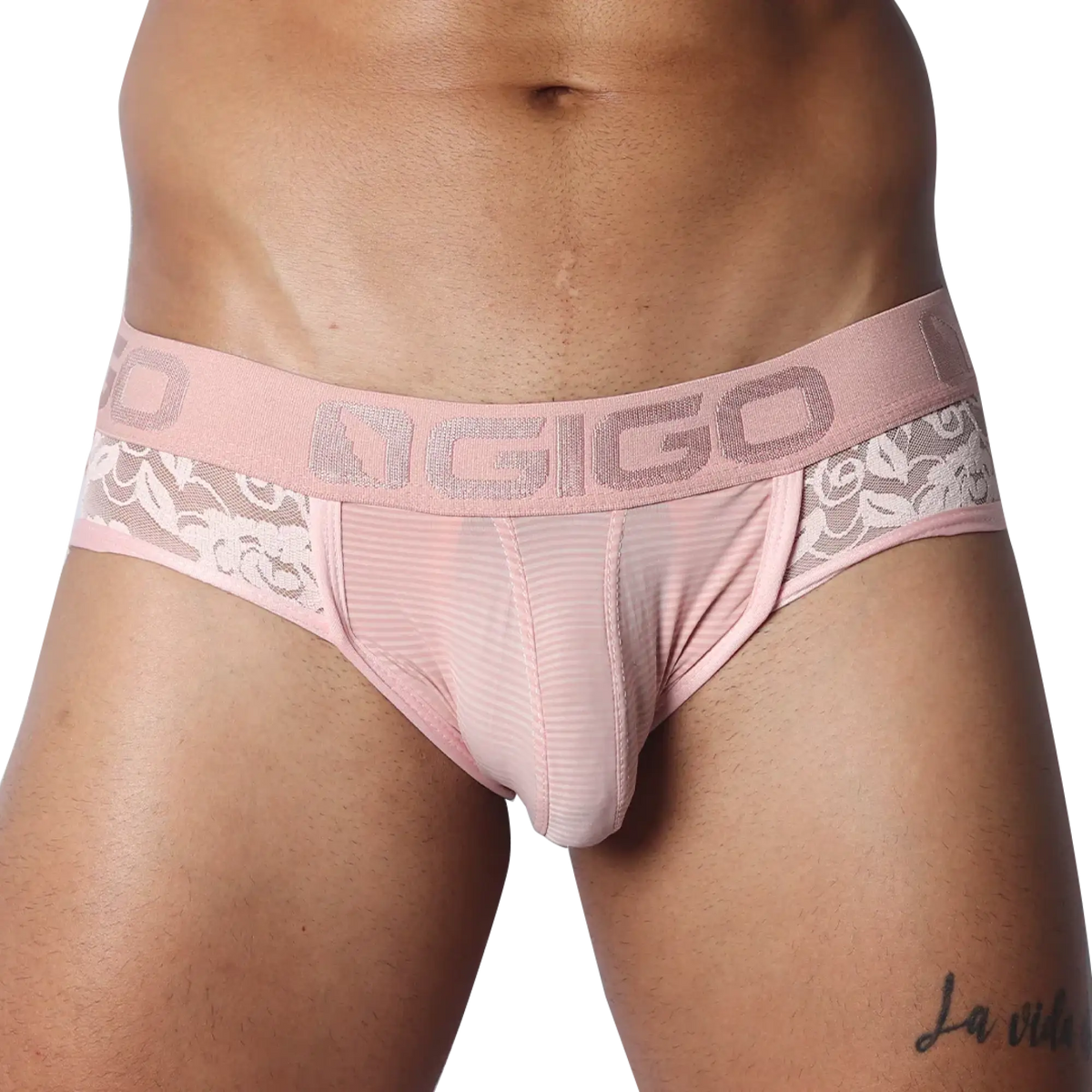 Romantic pink jock thong with sheer striped mesh, floral lace sides, and a branded elastic waistband.