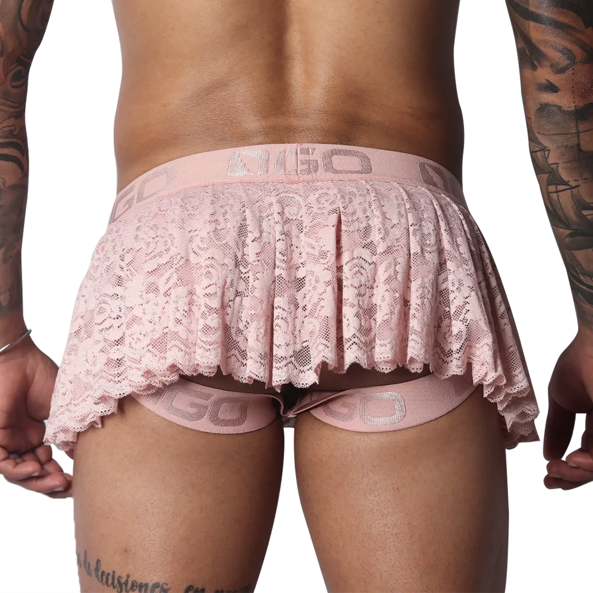Romantic pink lace skirt featuring a pleated design, scalloped hem, and branded elastic waistband with strap details.