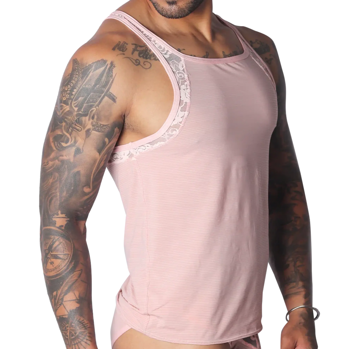 Romantic pink, ribbed-texture tank top with delicate lace trim along the neckline and armholes.