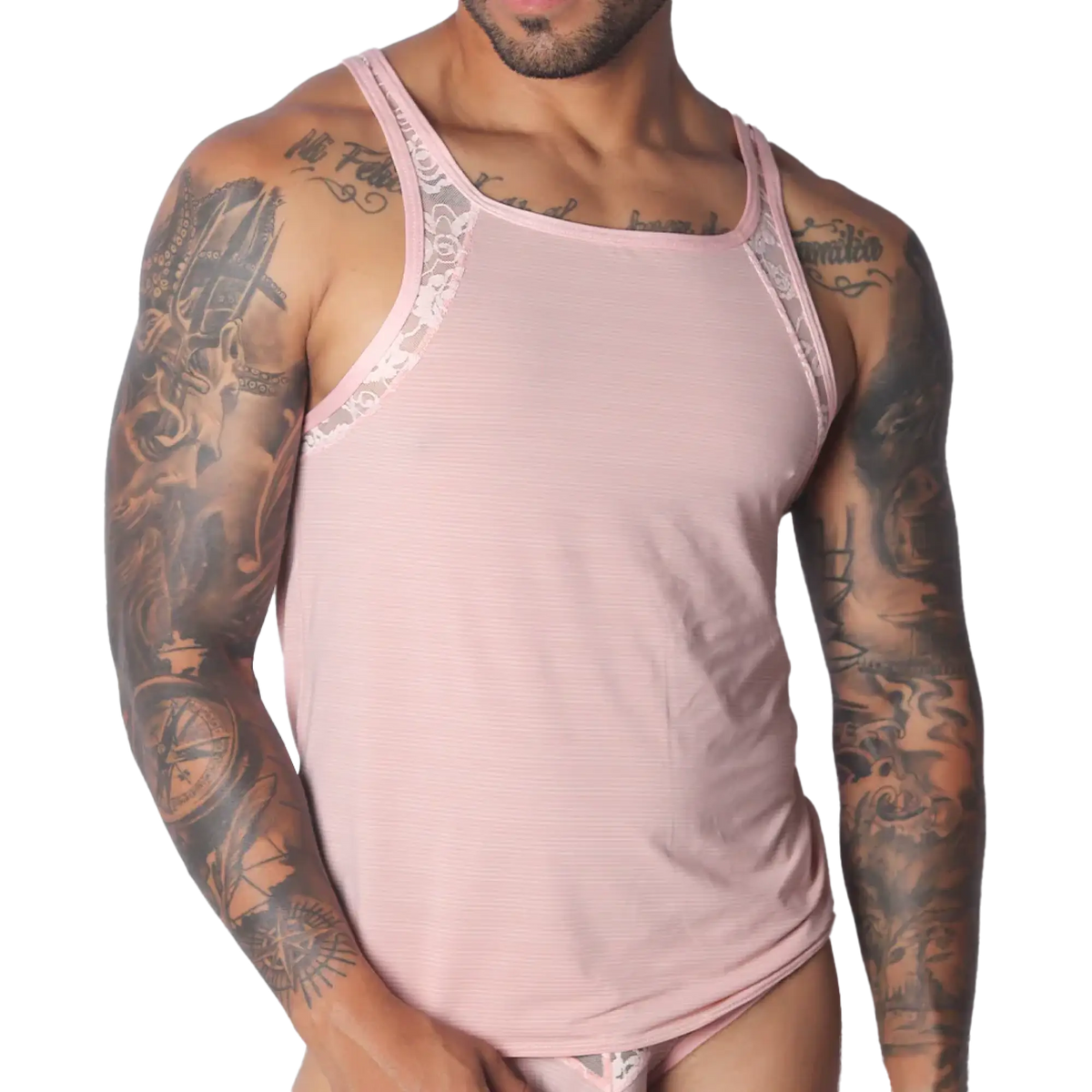 Romantic pink ribbed tank top featuring delicate white lace trim along the shoulders and neckline.